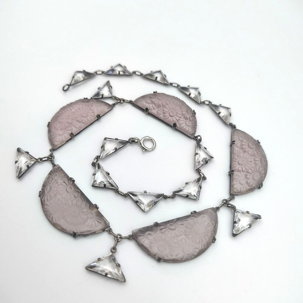 H&H Sterling Silver 925 Czech Frosted Lavender & Clear Glass Necklace Art Deco